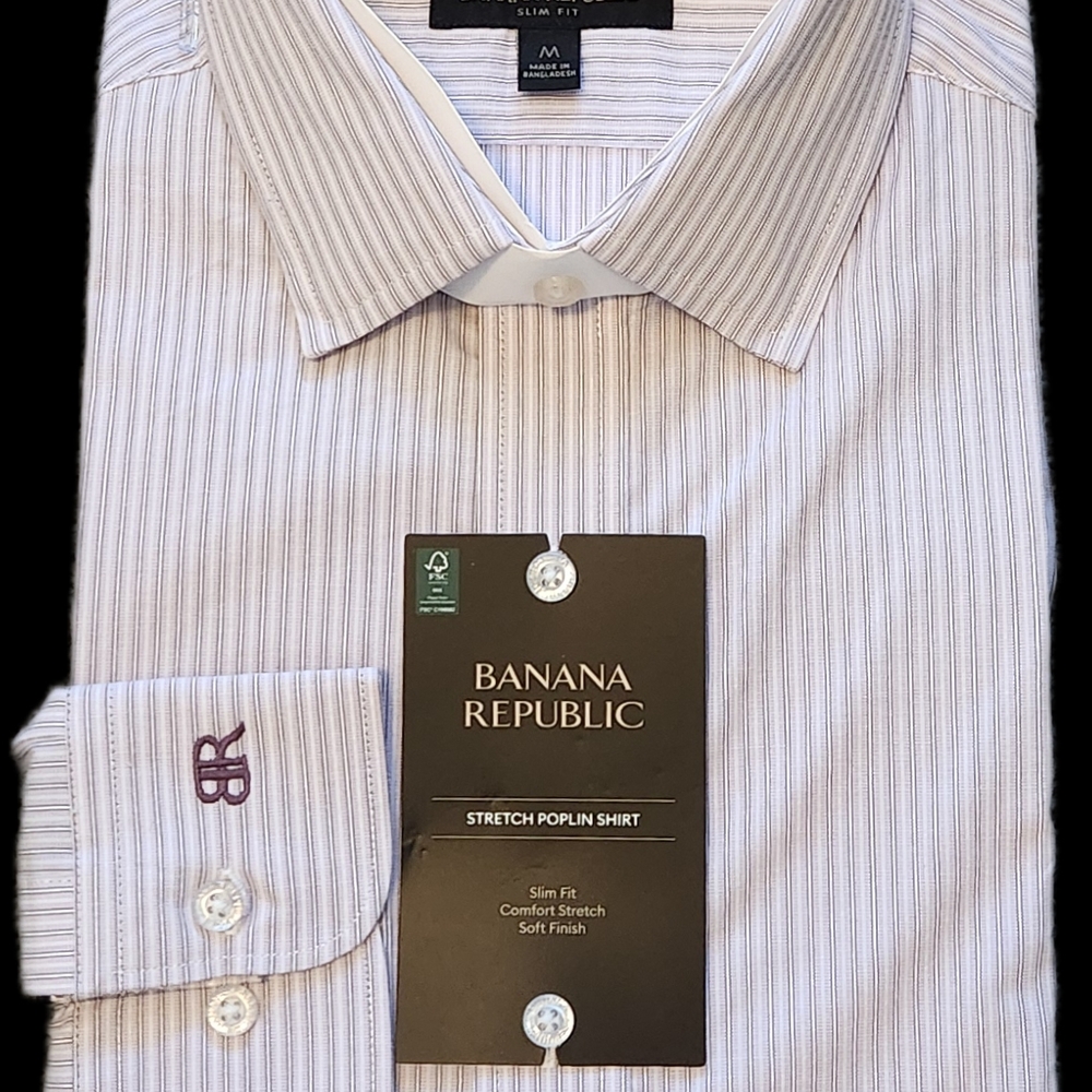 Banana Republic Men's Stretch Poplin Shirt - White And Purple Stripe